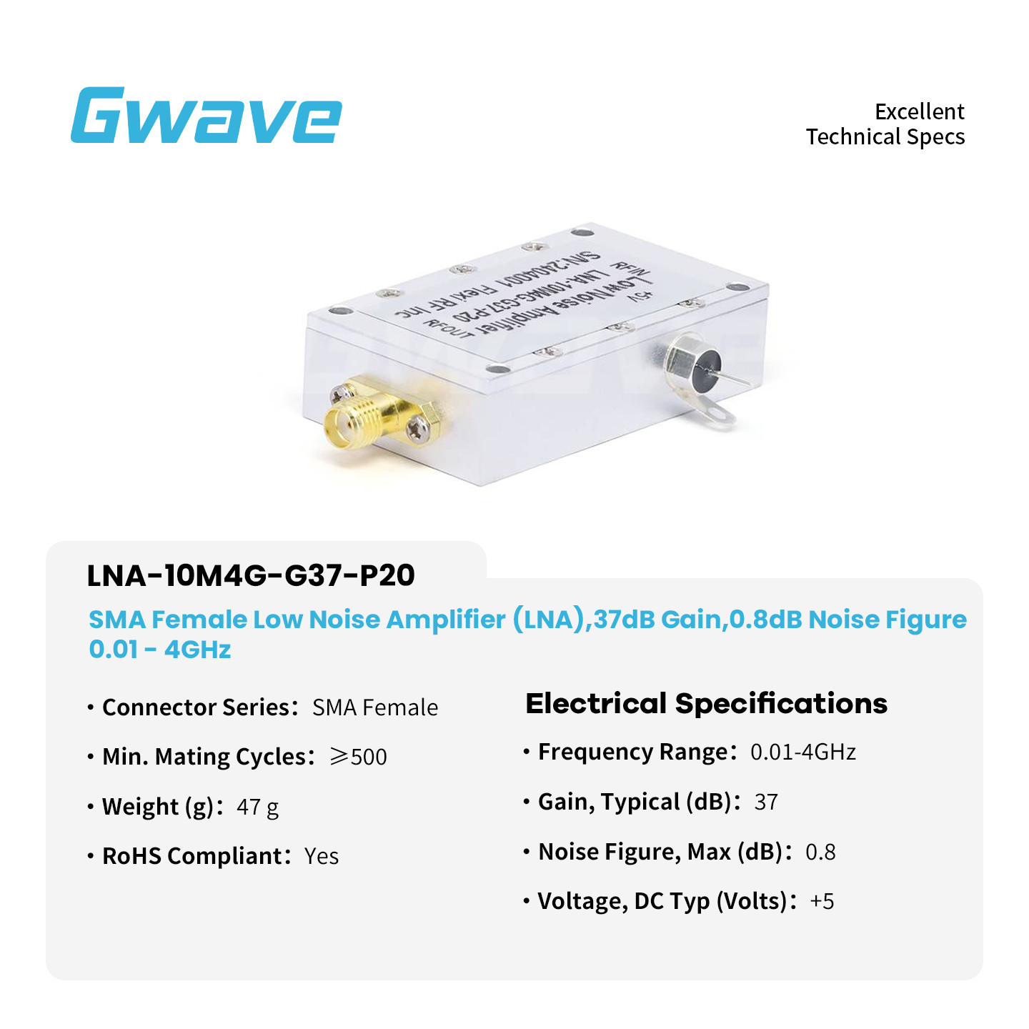 SMA Female Low Noise Amplifier (LNA), 37dB Gain, 0.8dB Noise Figure, 0.01 – 4GHz