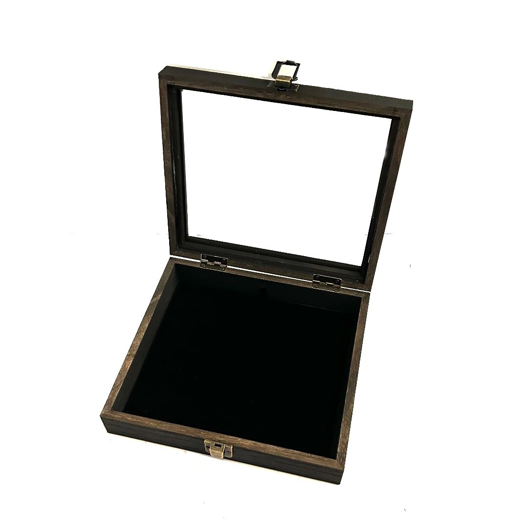Rustic Black Wood Glass Top Lid Black Pad Jewelry Display Case Medals Pins Hobby