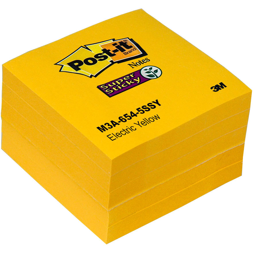Post-it Notes 654-5SSY Electric Yellow, Super Sticky, 3 x 3″, Pack of 5 Pads