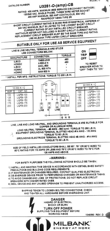 Milbank U6020-O-2/200 Meter Main W/Split Load 320A 4T Ring Type NEC 2020