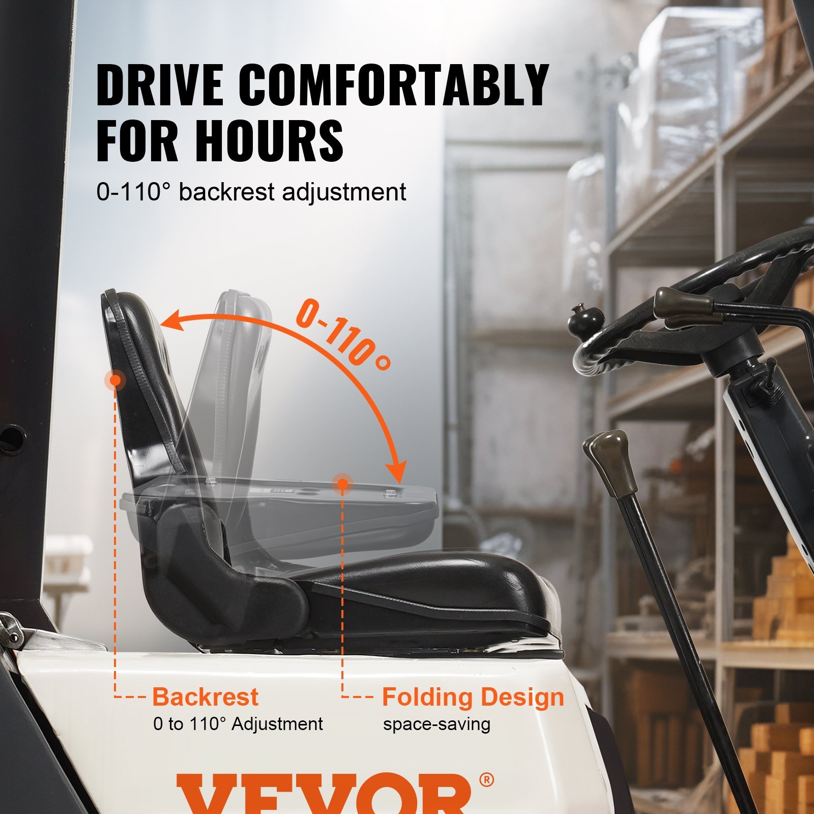 Universal Forklift Seat, Fold Down Tractor Seat with Adjustable Angle Back and M