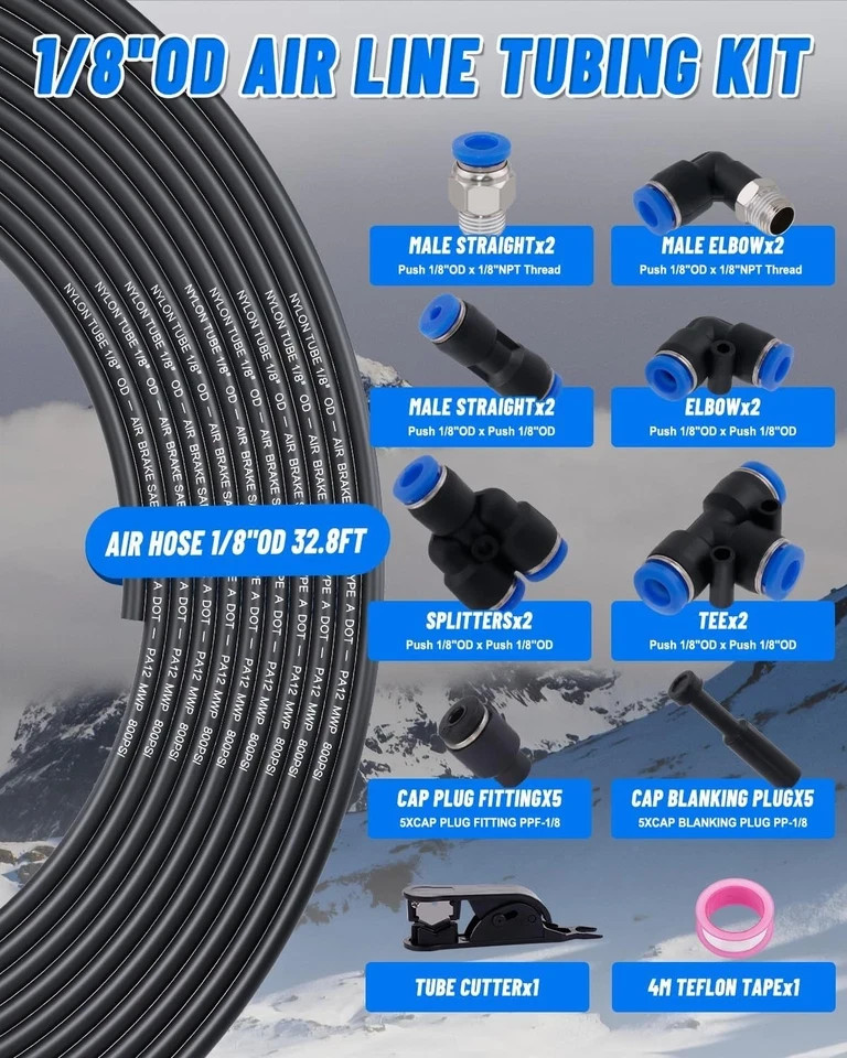 1/8″ Air Line Tubing Kit, 32.8FT(10M) SAE J844 PA Nylon Air Hose Tubing with Cut