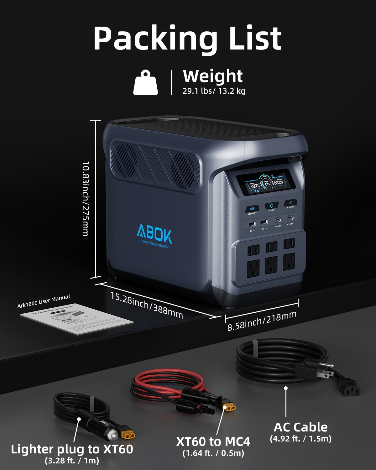 1024Wh ABOK Ark1800 Power Station 1800W LiFePO4 PD140W UPS App 1000W PV Input