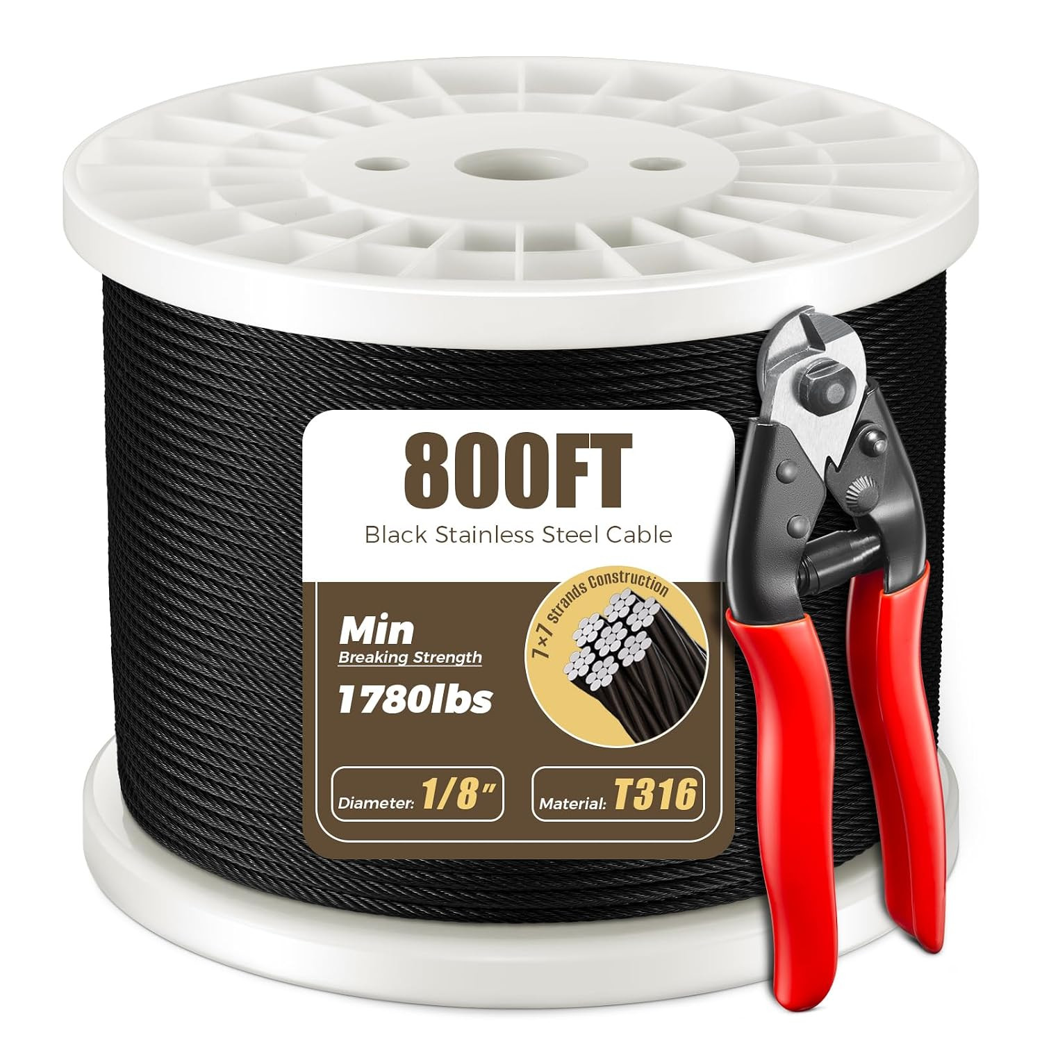 WAYSKA 500FT 1/8″ T316 Black Stainless Steel Cable, Black Wire Rope Aircraft Cab