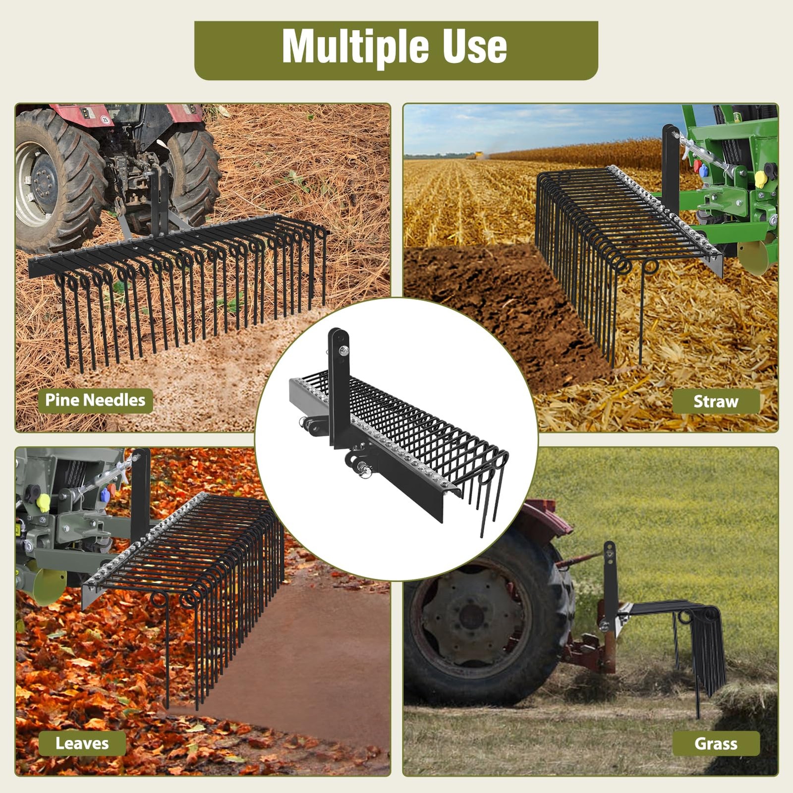3 Point 60″ Pine Straw Rake Landscape Rake for Cat0 & Cat1 Tractor Attachment