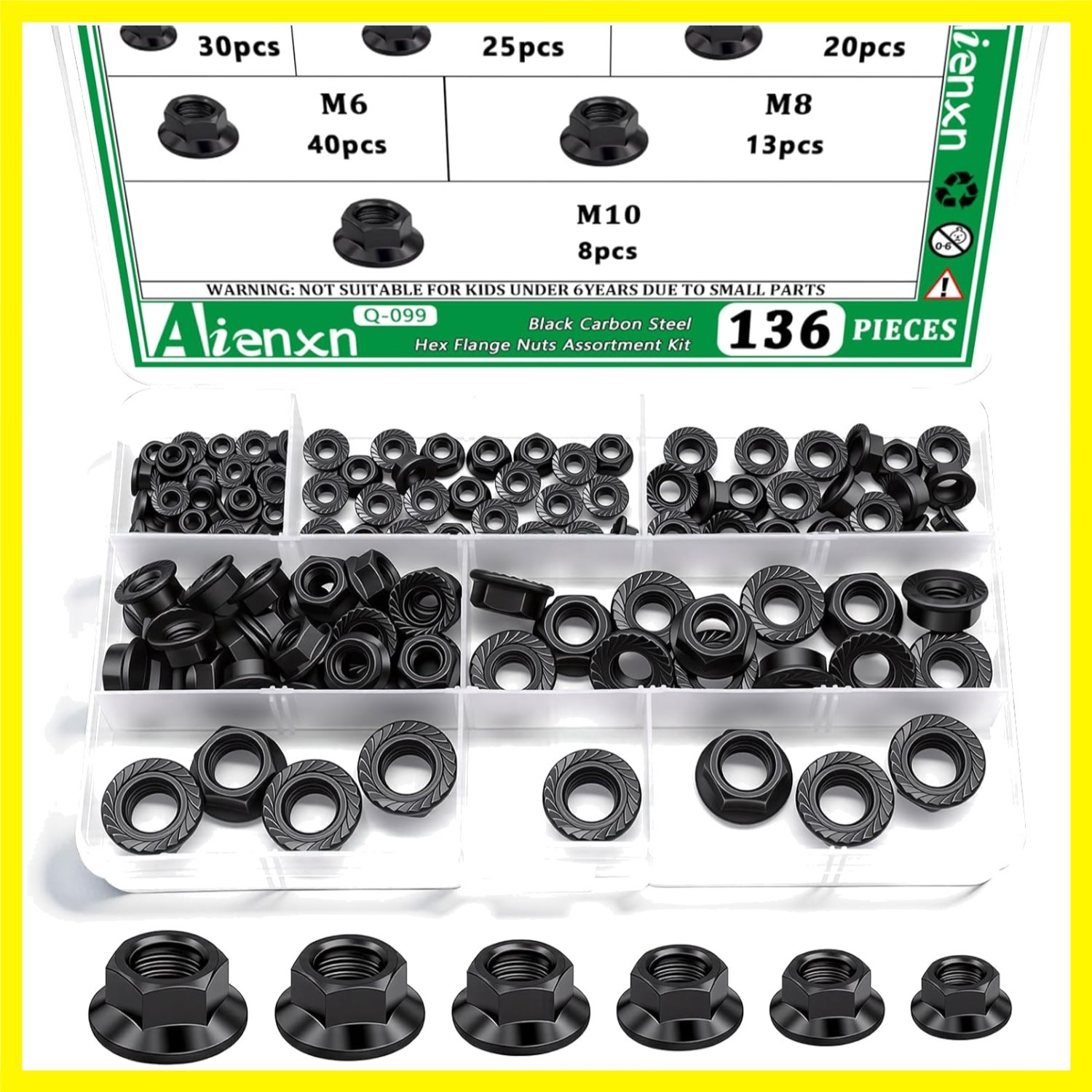 136PCS 6 Metric Sizes Black Carbon Steel Hex Flange Nuts Assortment Kit -M3, …