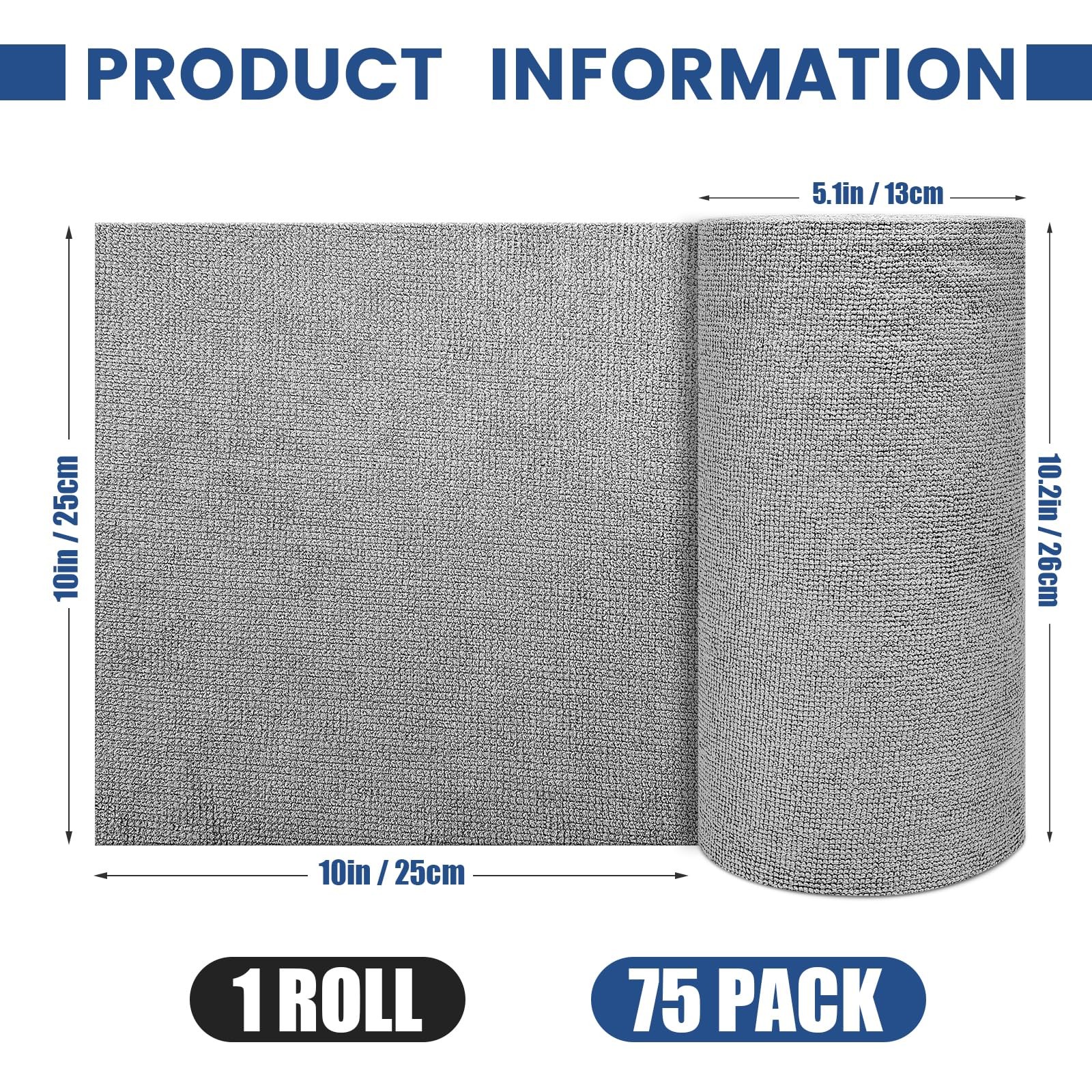 Whkvnng 75 Pack Microfiber Cleaning Cloth Roll,Reusable 10×10 inches, Grey