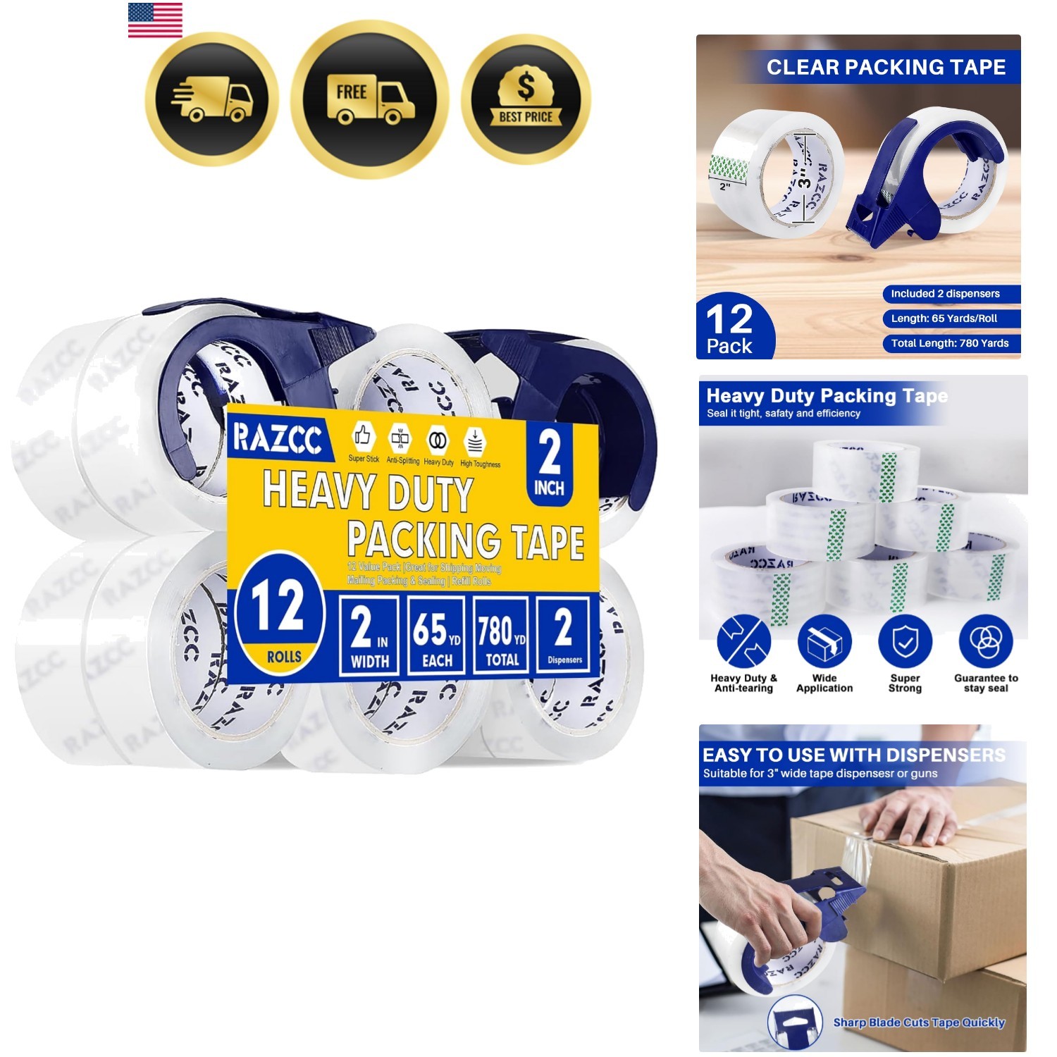 Clear Packing Tape, 12 Rolls Heavy Duty Packaging Tape with Dispensers for Pa…