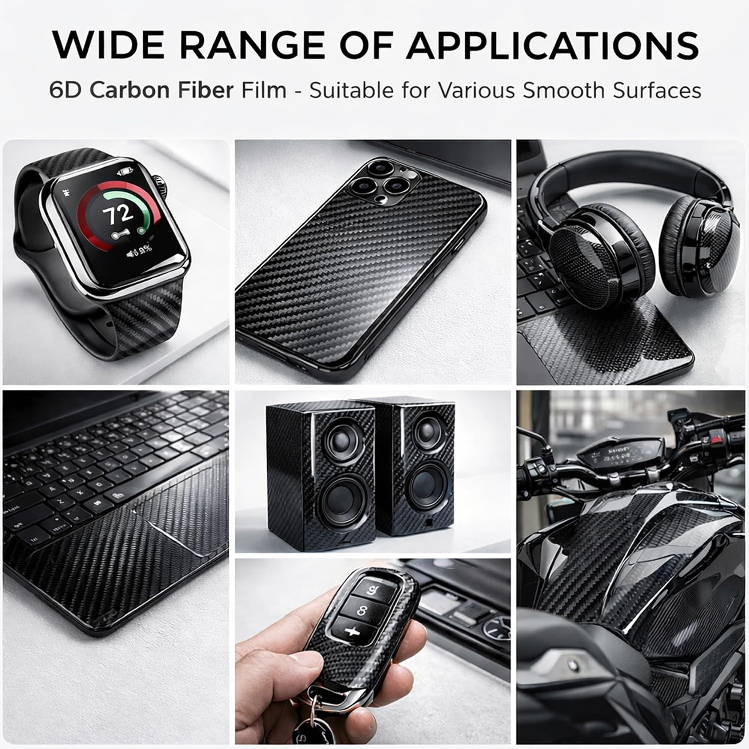 6D Carbon Fiber Vinyl Wrap, 1Ft X 5Ft High Gloss Self-Adhesive Vinyl Film