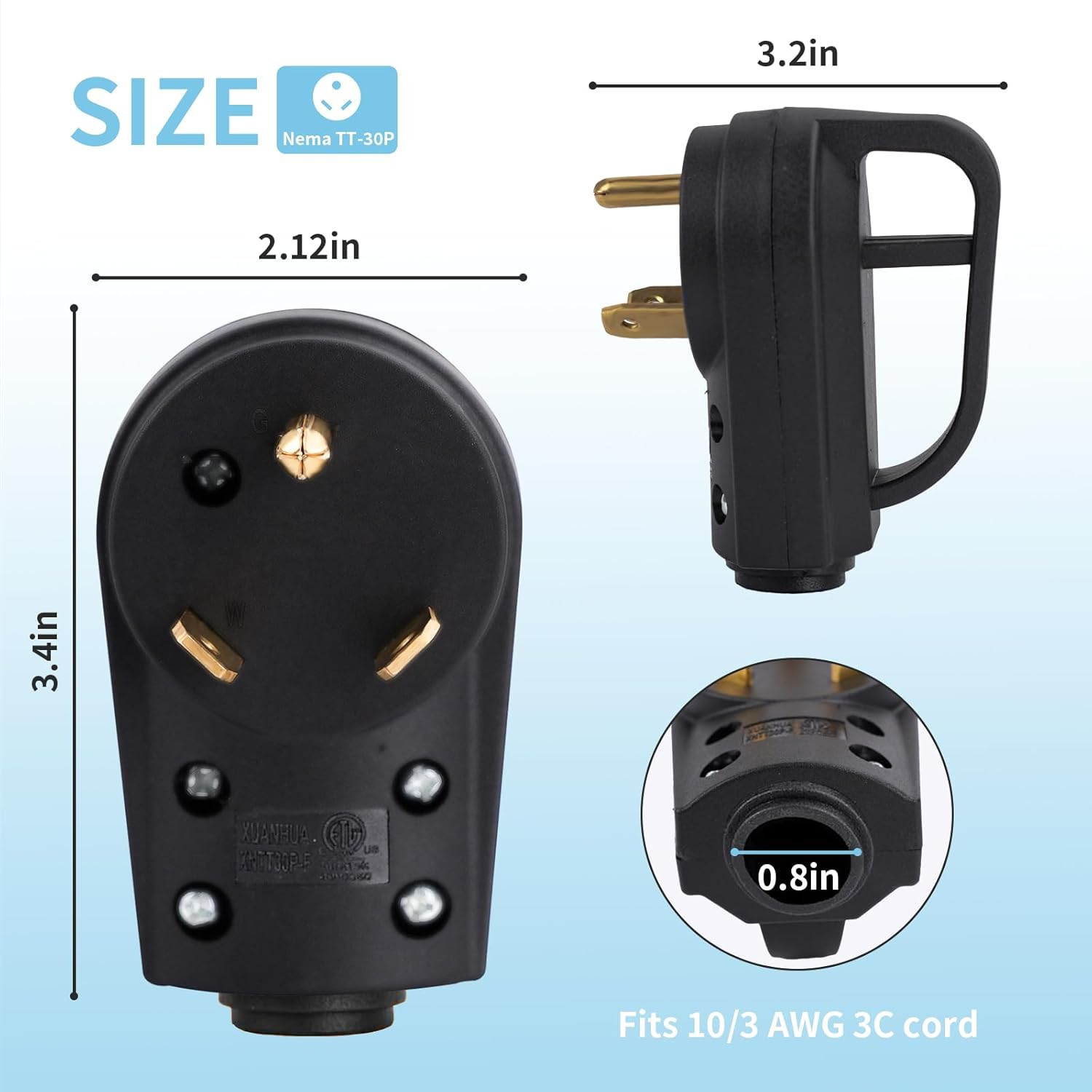 30 Amp RV Replacement Plug ETL Listed 125 Volt Heavy Duty Male NEMA TT-30P Ergon