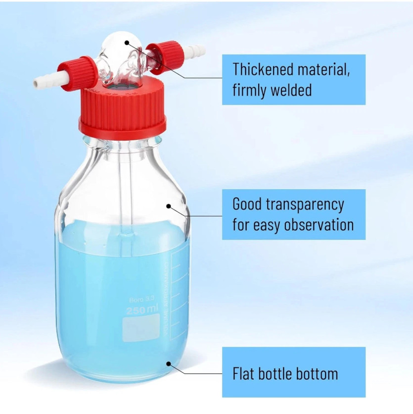 250mL/500mL Lab Gas Washing Bottle, Lab Glassware, Drechsel Head, GL45 Mouth New