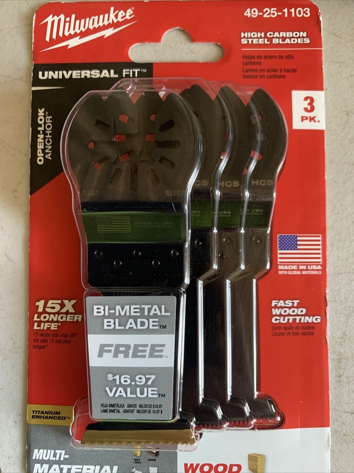 Milwaukee 49-25-1103 Multi Tool High Carbon Steel Blades 3PK + Bi-Metal Blade