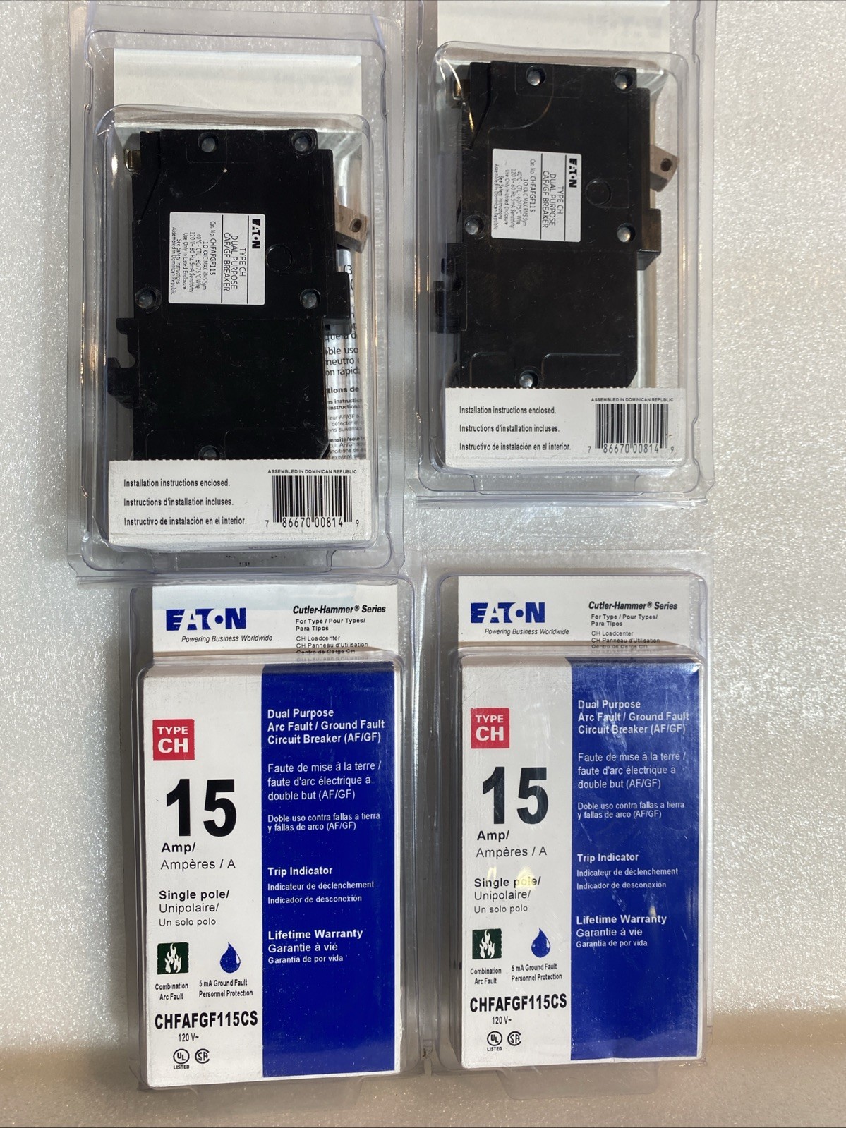 4 pack Eaton CHFAFGF115CS 1-Pole 15A ARC FAULT & GROUND Circuit Breaker lot 4