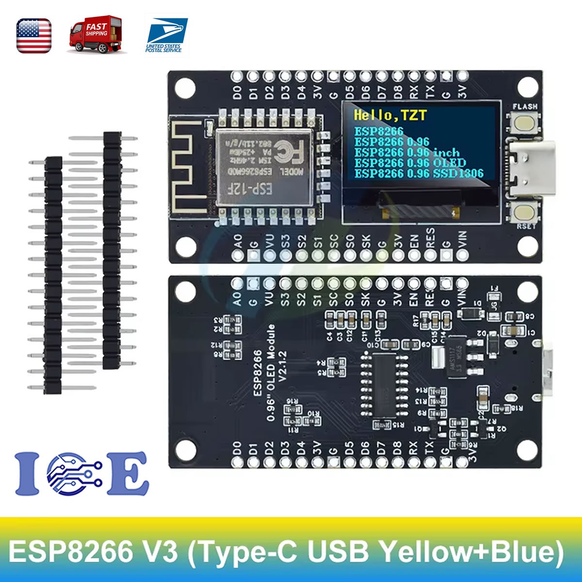 NodeMCU ESP8266 Board with 0.96″ OLED Display CH340 yellow blue WiFi Type C USB