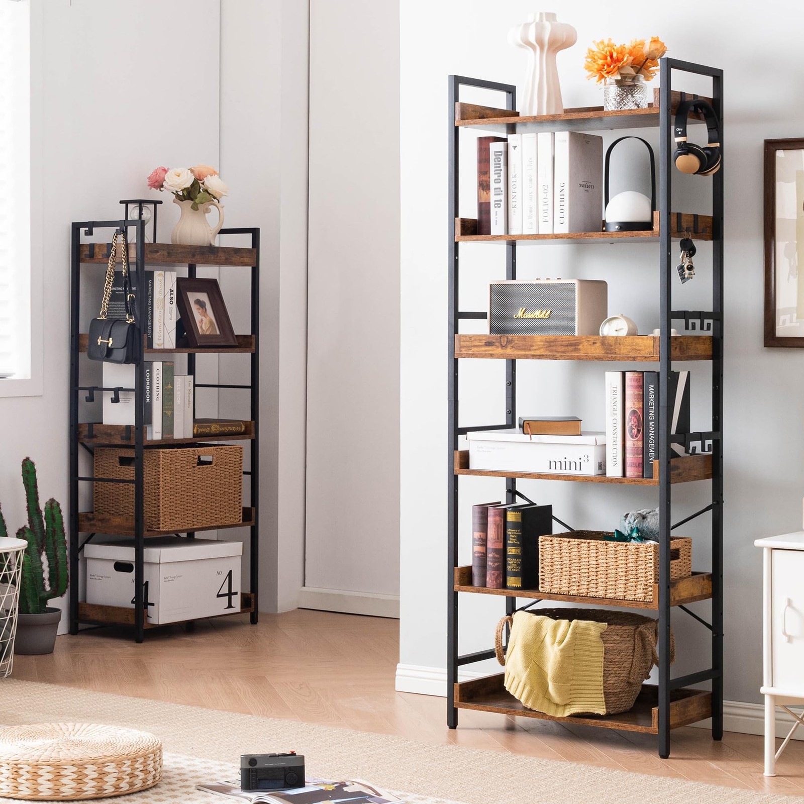 HCHQHS Adjustable 6 Tier Open Bookcase, Black Metal, Rustic Farmhouse