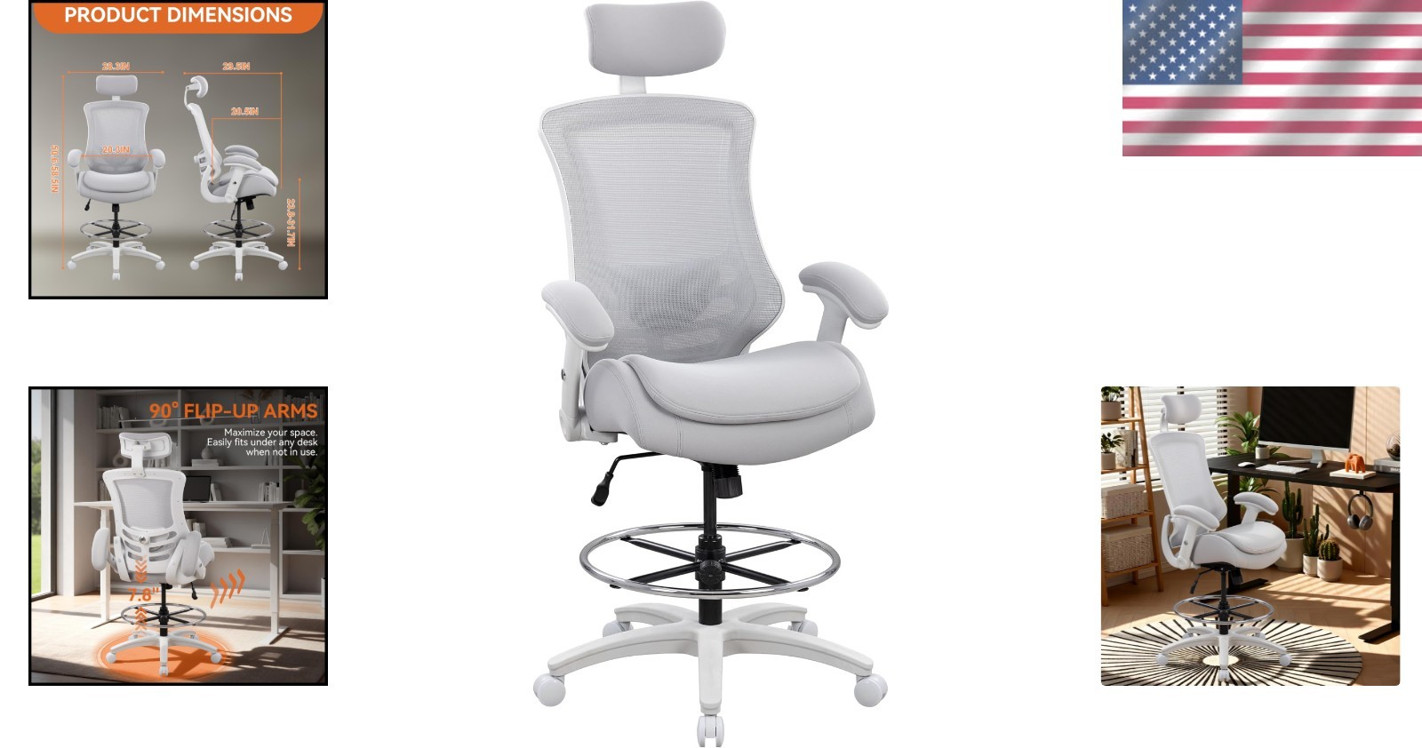 Ergonomic High Back Drafting Chair with Adjustable Headrest and Lumbar Support