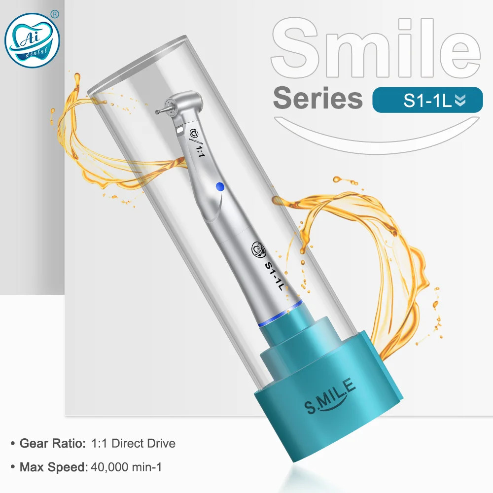 Dental Optic LED 1:1 Direct Drive Contra Angle Handpiece Blue Ring Quattro Spray