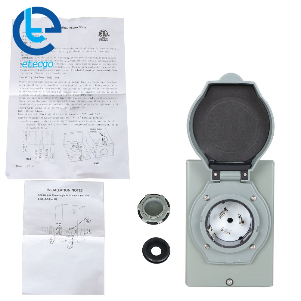 50 Amp 3 Prong Generator Power Inlet Box NEMA SS 2-50P Weatherproof 250 V 12.5KW