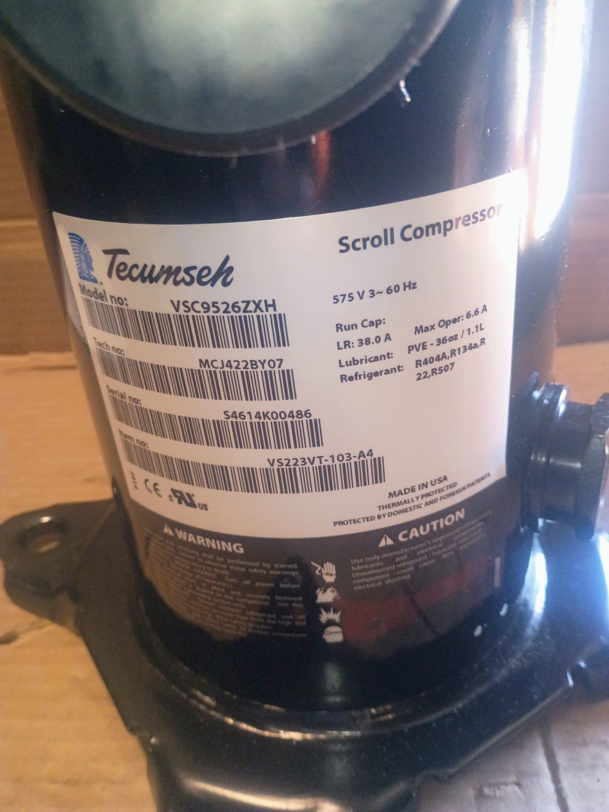 Tecumseh VS223VT-103-J7 VSC9526XXH 3.5 HP R-404A Scroll Compressor 575V 3PH