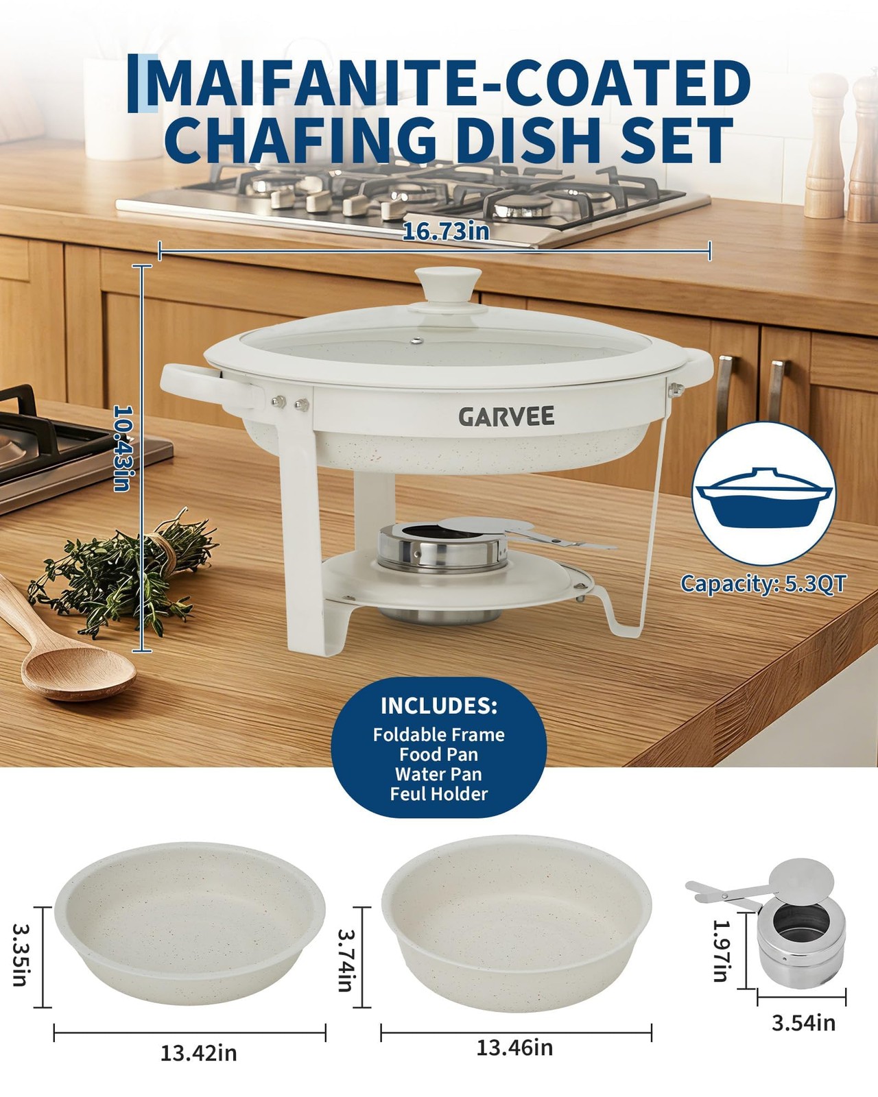 6 Pcs 5.3QT White Chafing Dishes Buffet Set, Non-Stick Coated Food Warmer
