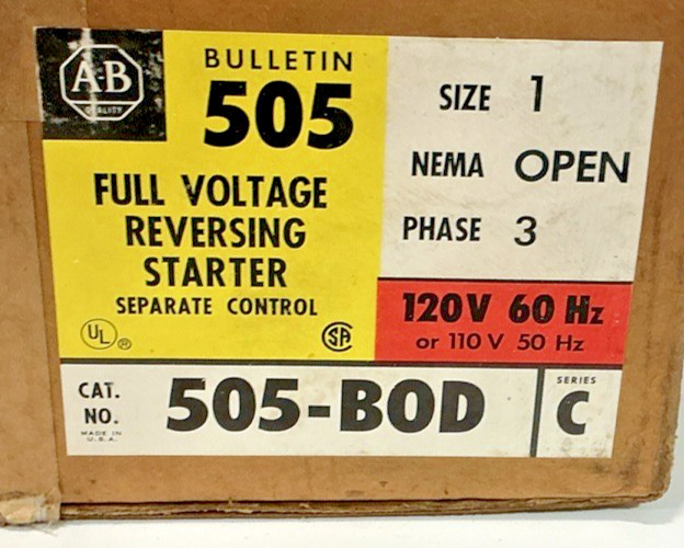 505-BOD – ALLEN-BRADLEY REVERSING MOTOR STARTER, SIZE 1,SERIES C, 120V COIL- NEW