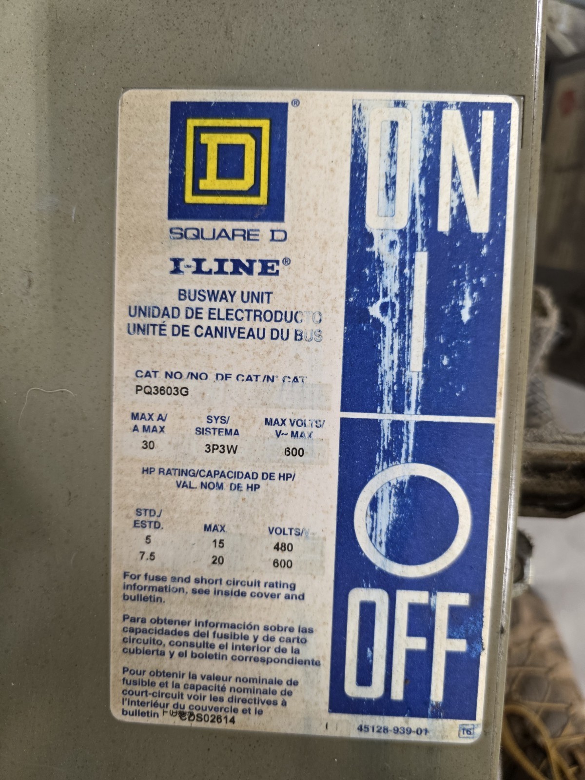 Square D PQ3603G 30amp 3wire bus Plug duct busplug disconnect busway