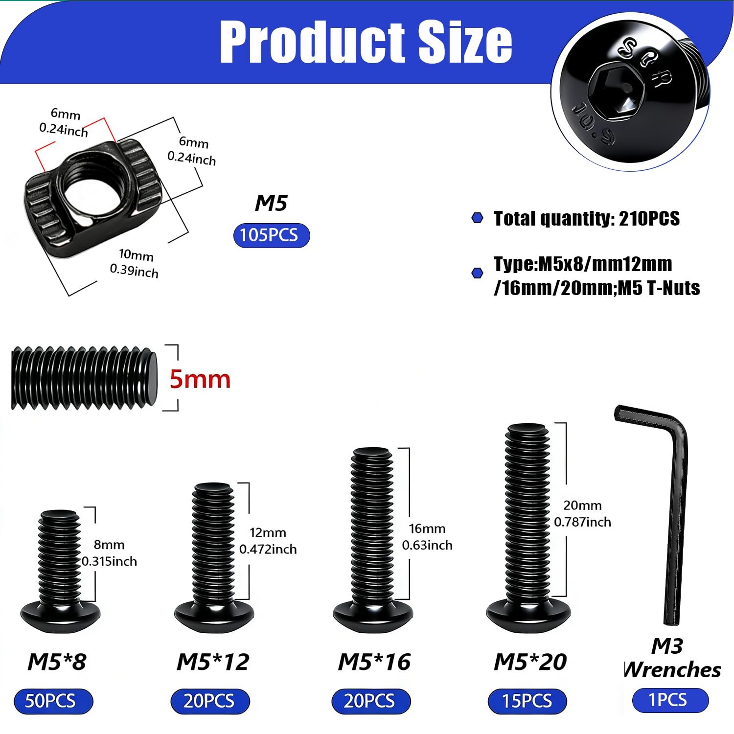 Taiss 210PCS M5 T-Nuts and Bolts Kit for 2020 Aluminum Extrusion Hardware,Hammer