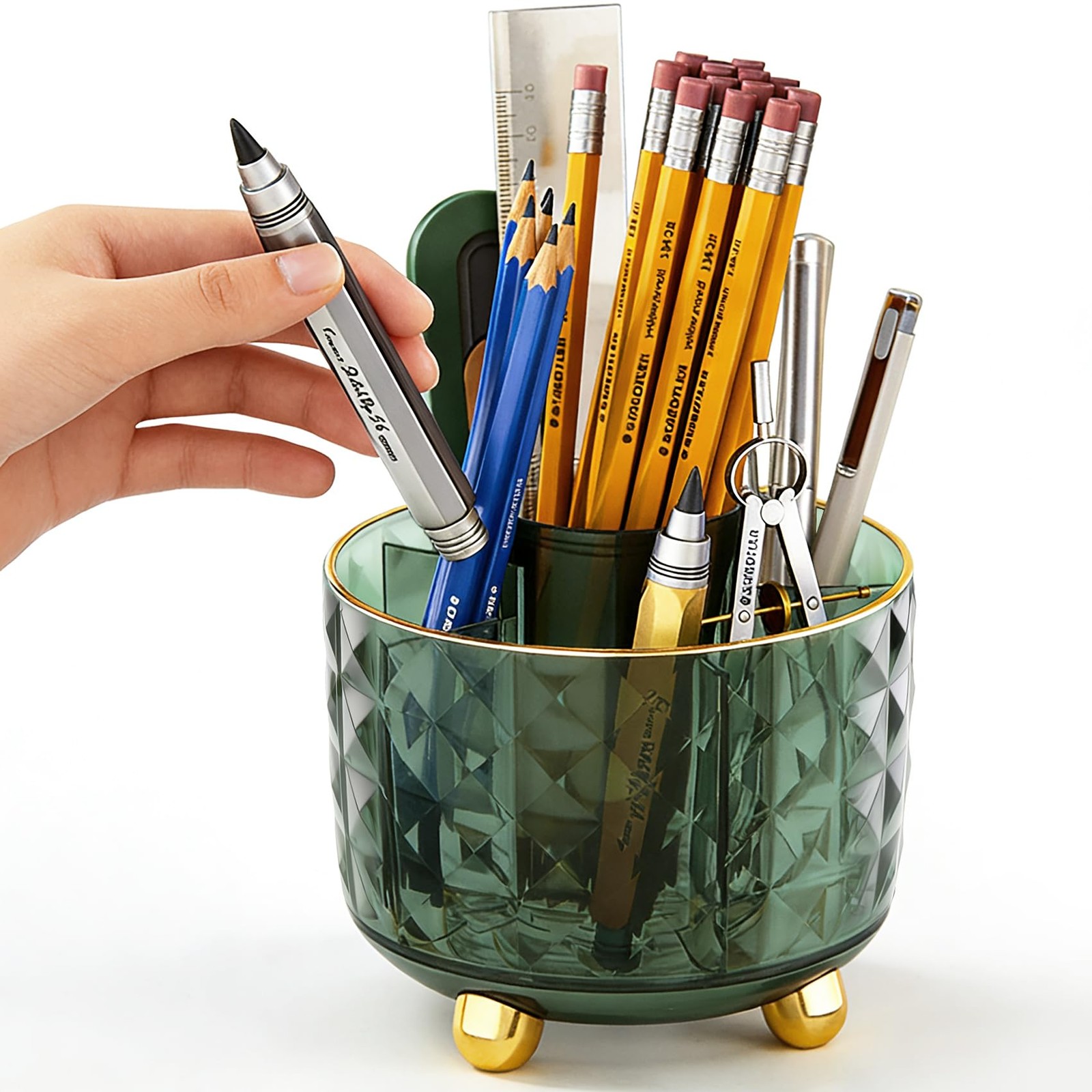 Dark Green Pen Pencil Holder for Desk, 360° Rotating Pen Organizer, Rotating