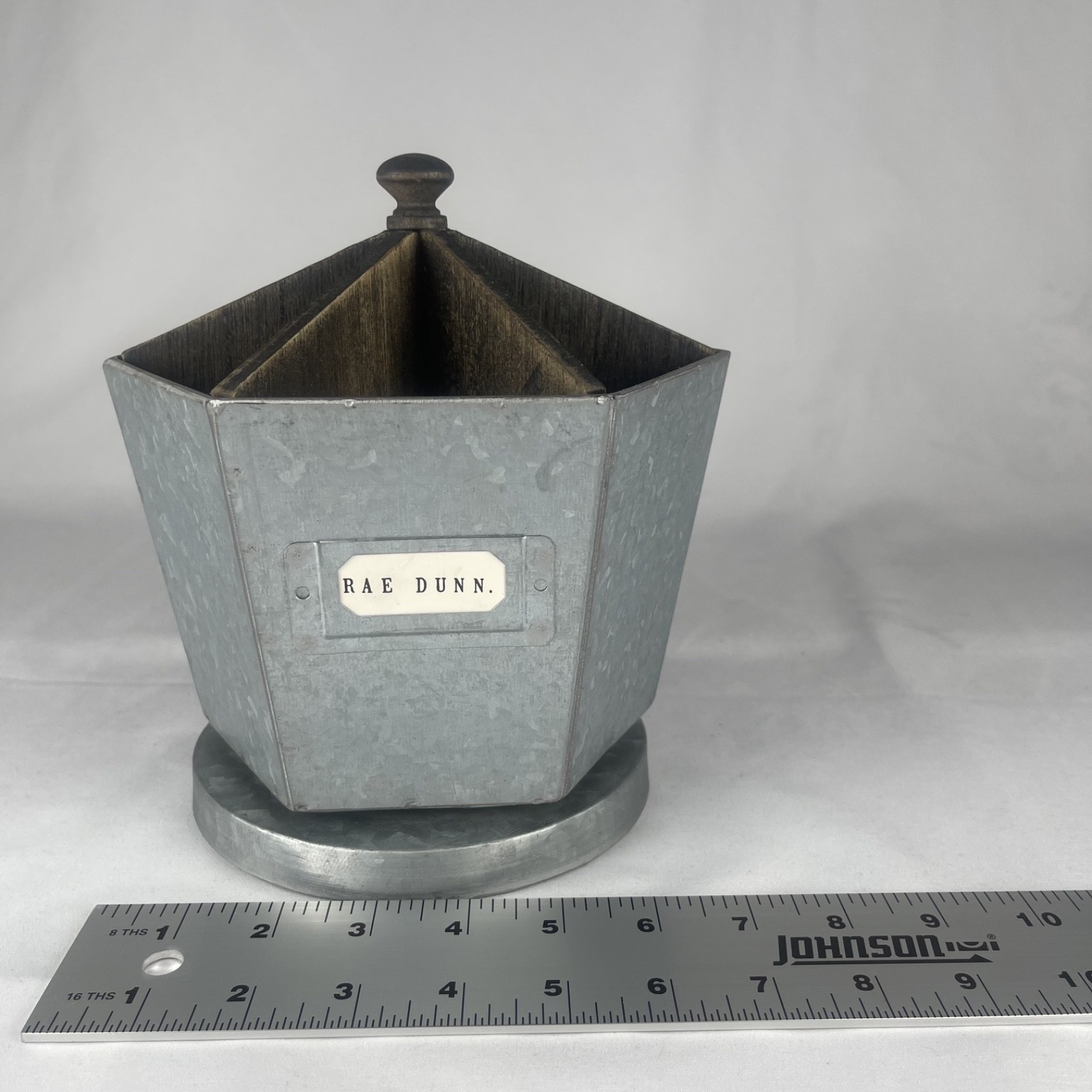Rae Dunn Galvanized Steel & Wood Metal Rotating Spinning Rustic Desk Organizer
