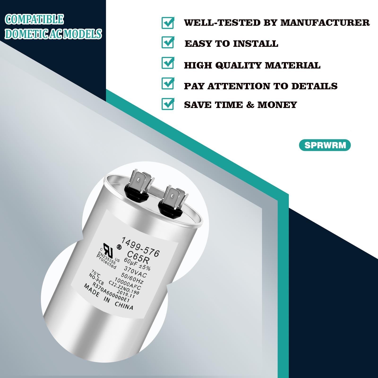 SPRWRM 1499-576 1499-5761 Capacitor 60UF 370VAC Helps Motor Start Stably Expl…
