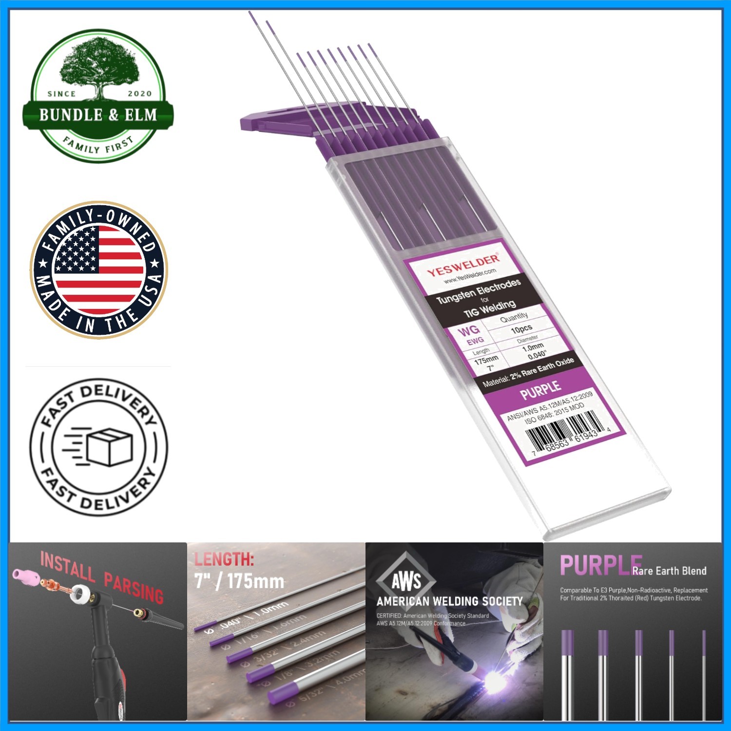 AWS Certified .040 Inch Tungsten Electrode 7 Inch Length Non-Radioactive 10-Pack