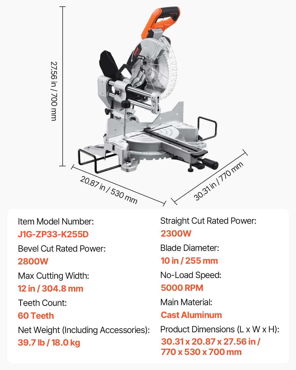 VEVOR Sliding Compound Miter Saw 10-In Blade 15 Amp Motor Corded Double Bevel