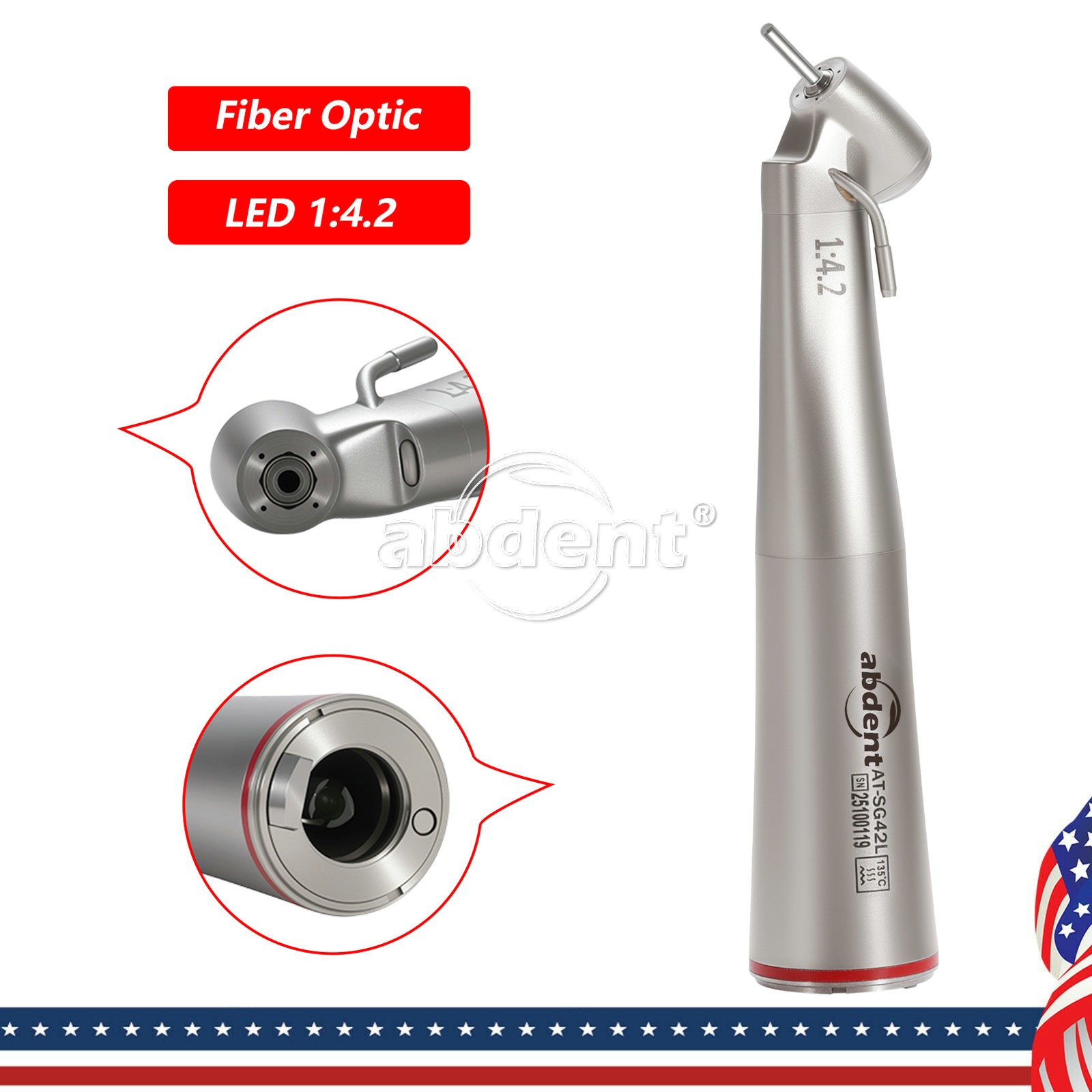 AbDent 1:4.2 45° LED Fiber Optic Contra Angle Handpiece External Water Spray
