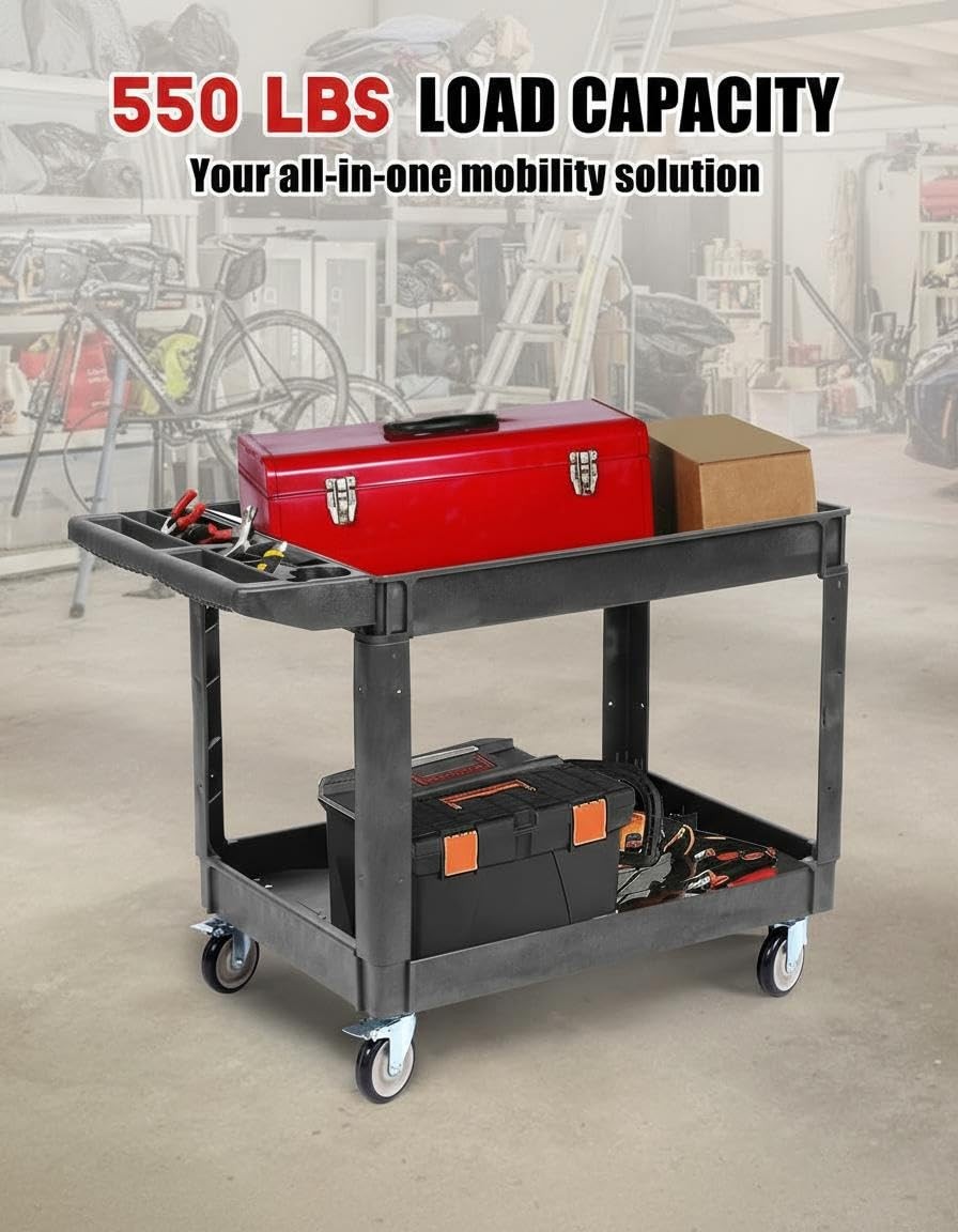 Utility Service Cart, 2 Shelf 550LBS Heavy Duty Plastic Rolling Utility Cart