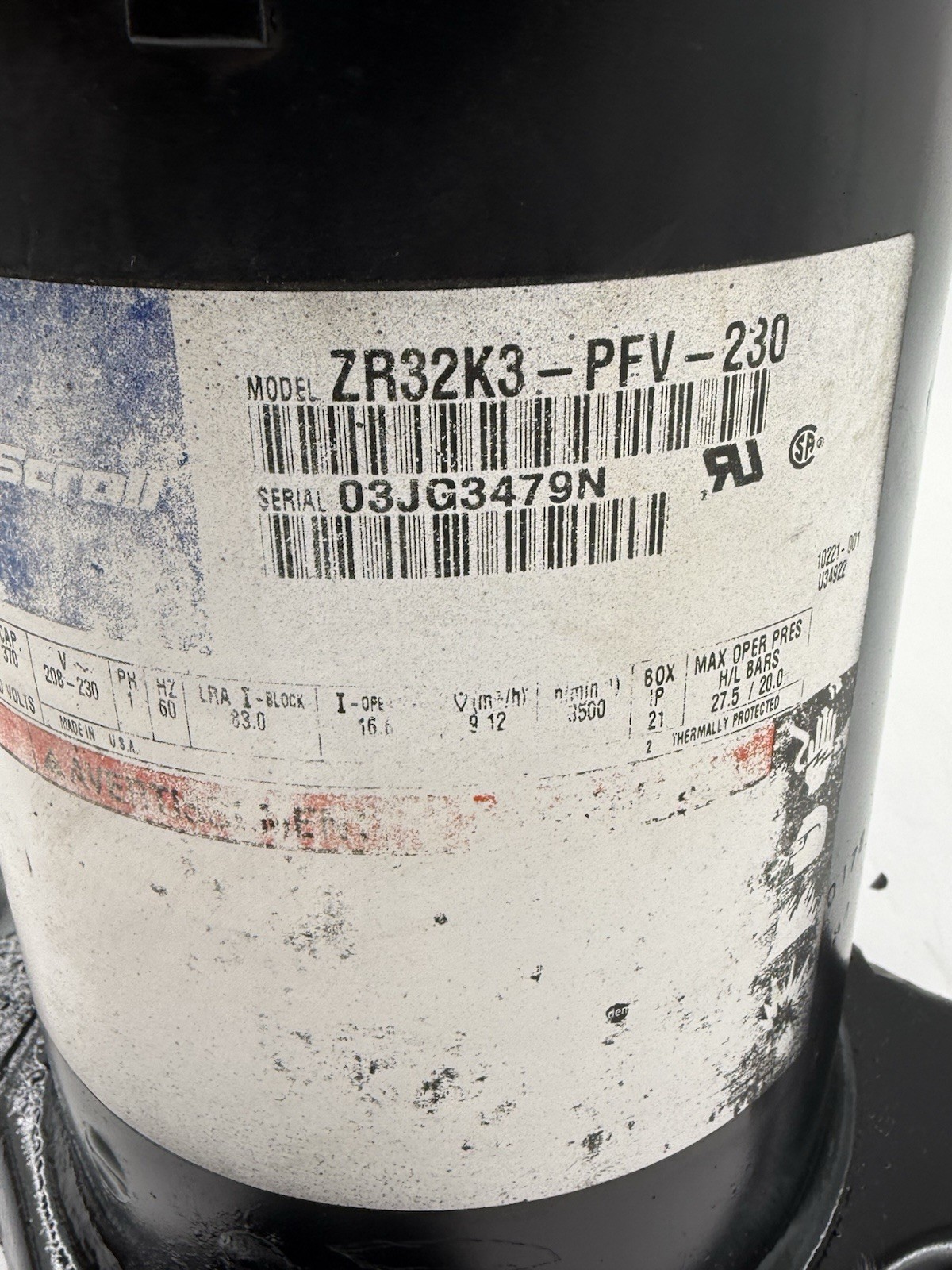 Copeland ZR32K3-PFV-230 Scroll Compressor R22 2.5-3 Ton ZR32K3-PFV-130 Tested