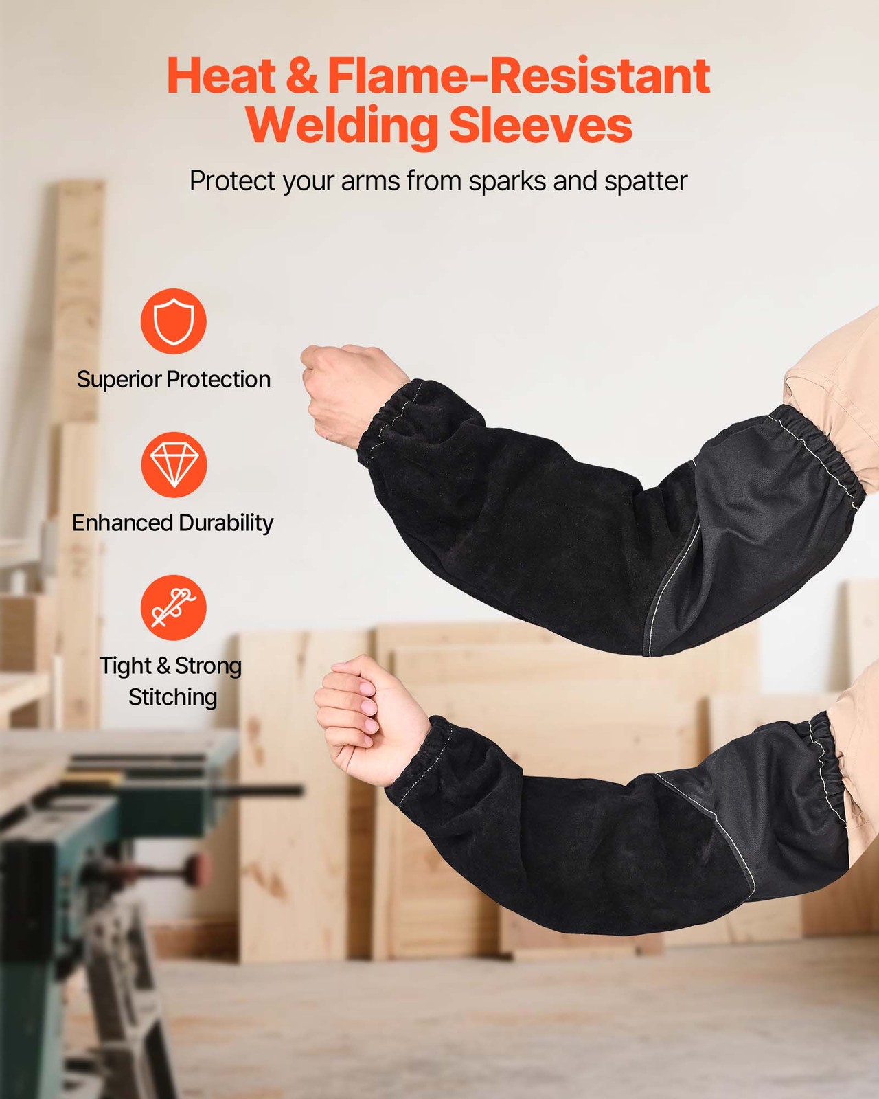 VEVOR Flame Resistant Welding Work Sleeve Heavy Duty Cowhide Leather & FR Cotton