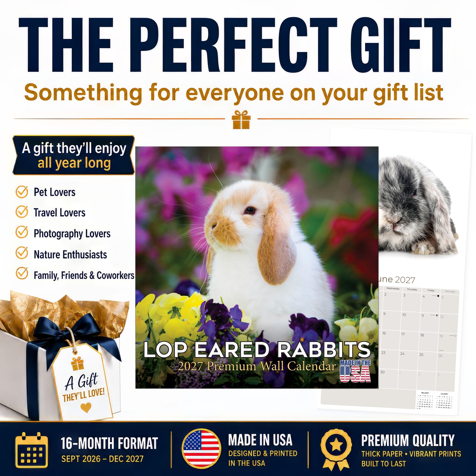 Lop Eared Rabbits Calendar 2024 FULL SIZE 12×24 Made in USA