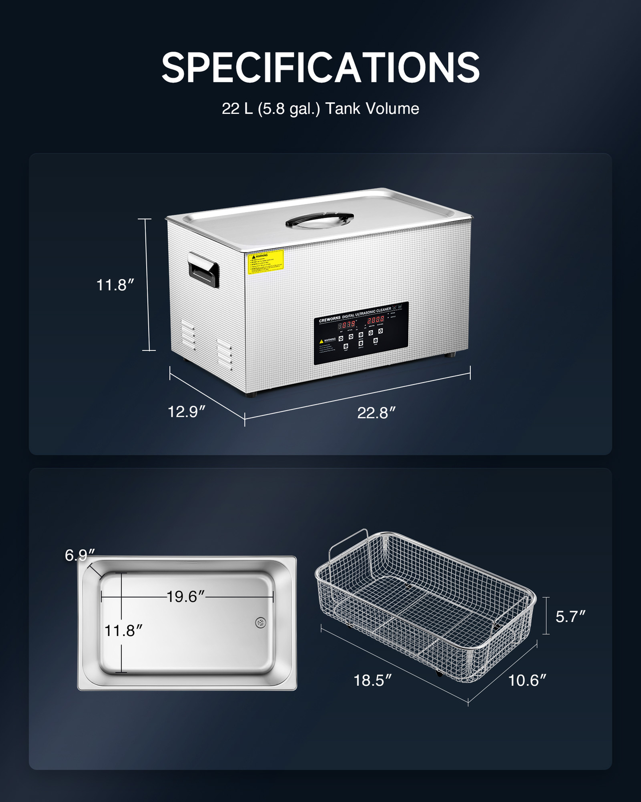 CREWORKS 22L Ultrasonic Cleaner with Degas Gentle Modes 600W Heater 30min Timer