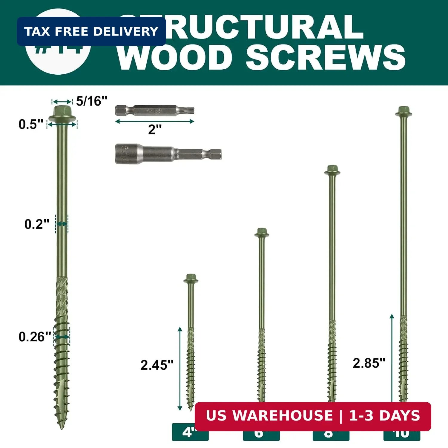#14 x 8 Wood Structural Screws 50 Pack Hex Head Lag Screws, Rust Resistant Timbe