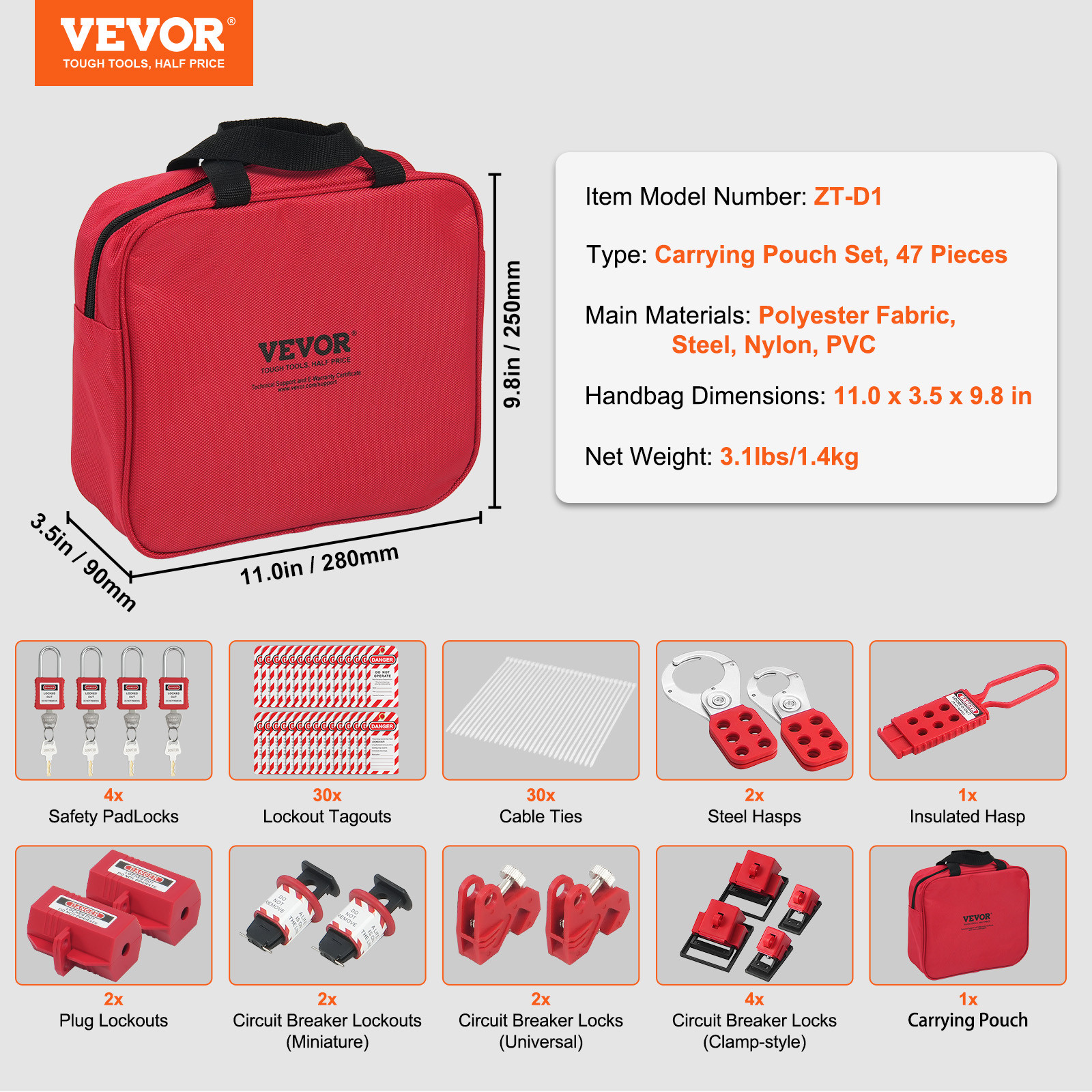 VEVOR 47 PCS Electrical Lockout Tagout Kit Safety Padlocks Hasps Tags Ties Bag
