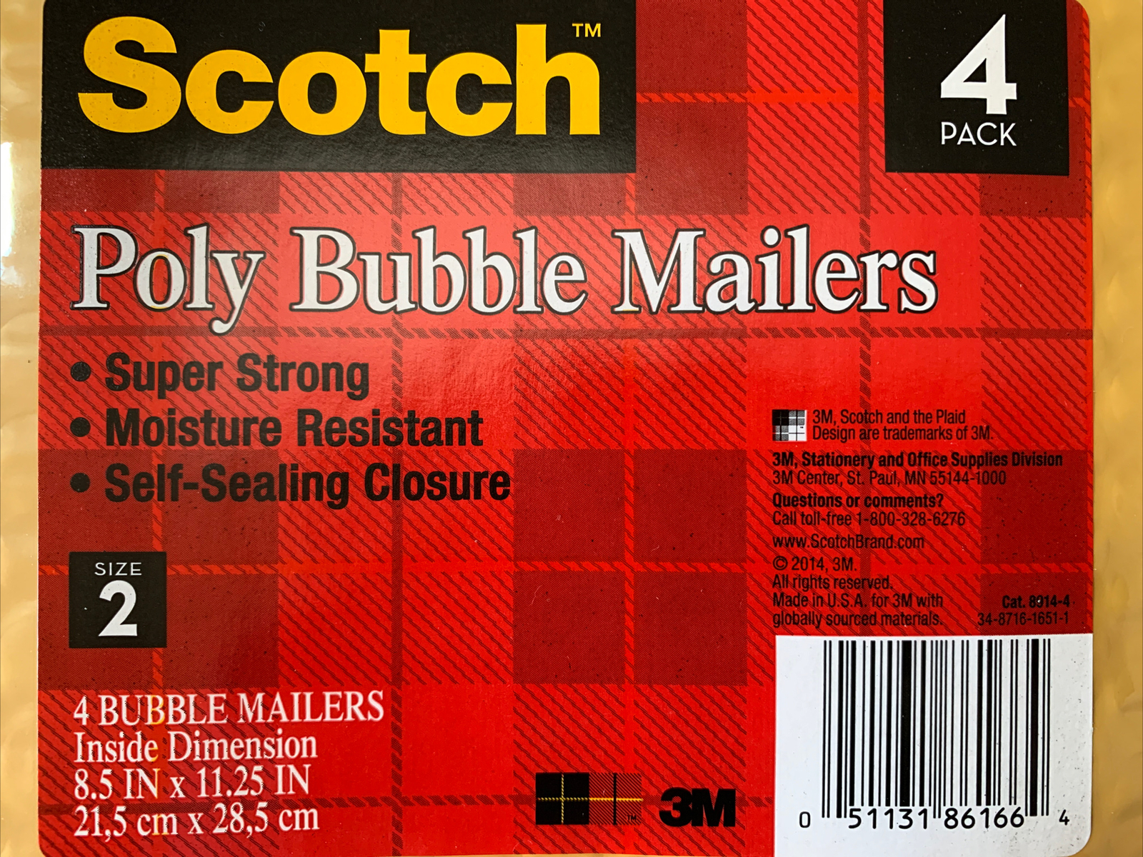3M Scotch Poly Bubble Mailers 4 Pack 8.5”x 11.25” Self-Sealing Size2 Superstrong