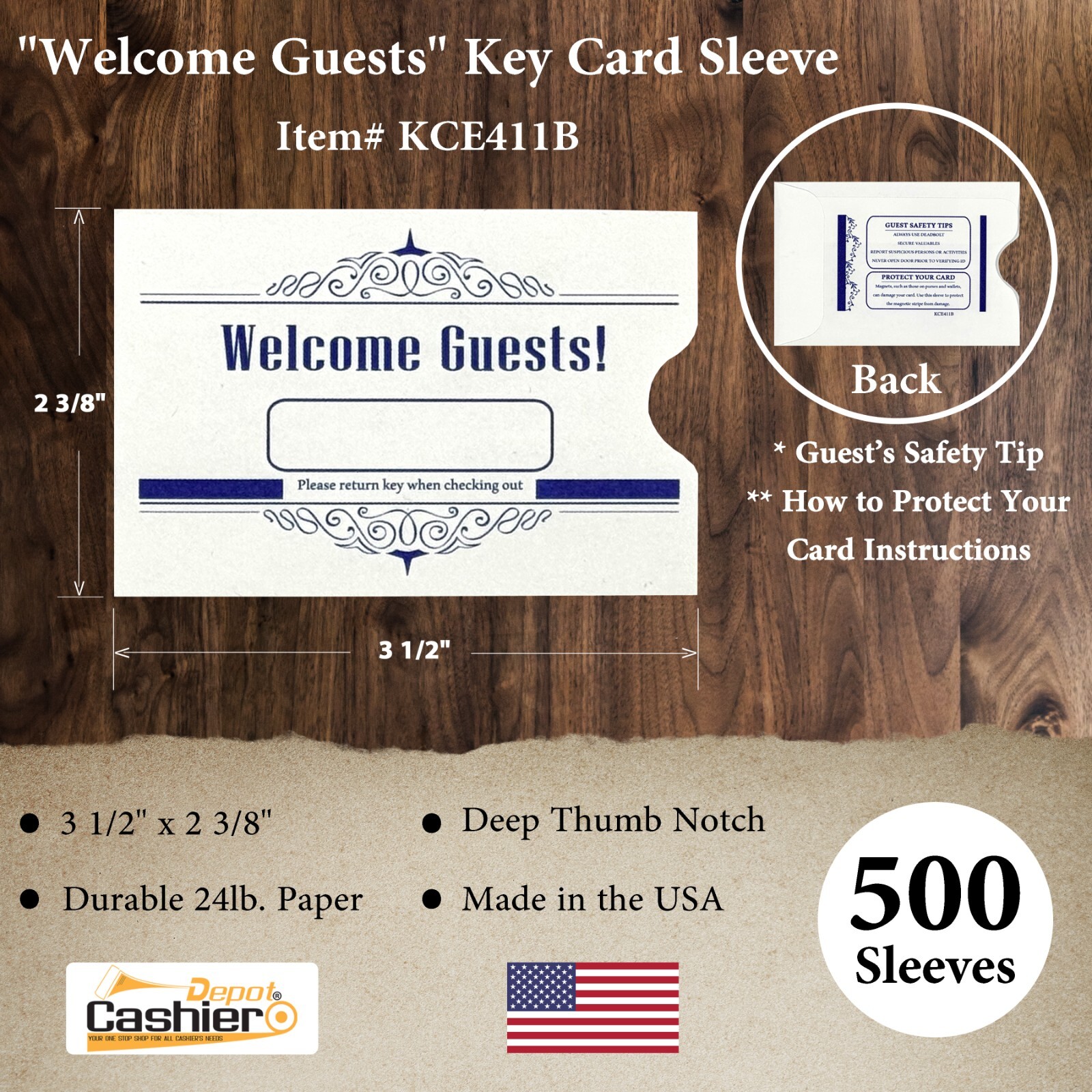 Hotel/Motel ” Welcome Guests ” Key Card Sleeves 2-3/8″ x 3-1/2″ Blue 500 Count