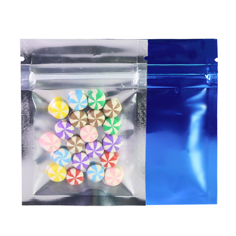 Blue Silver Clear Front Mylar Zip Seal Pouch for Hard Candy Products (2.5×3.5″)