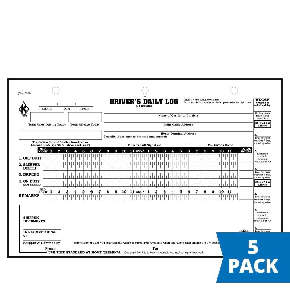 J. J. Keller Driver Daily Log with 7- and 8-Day Recap, 8.5″ x 6.5″, 5 Pack