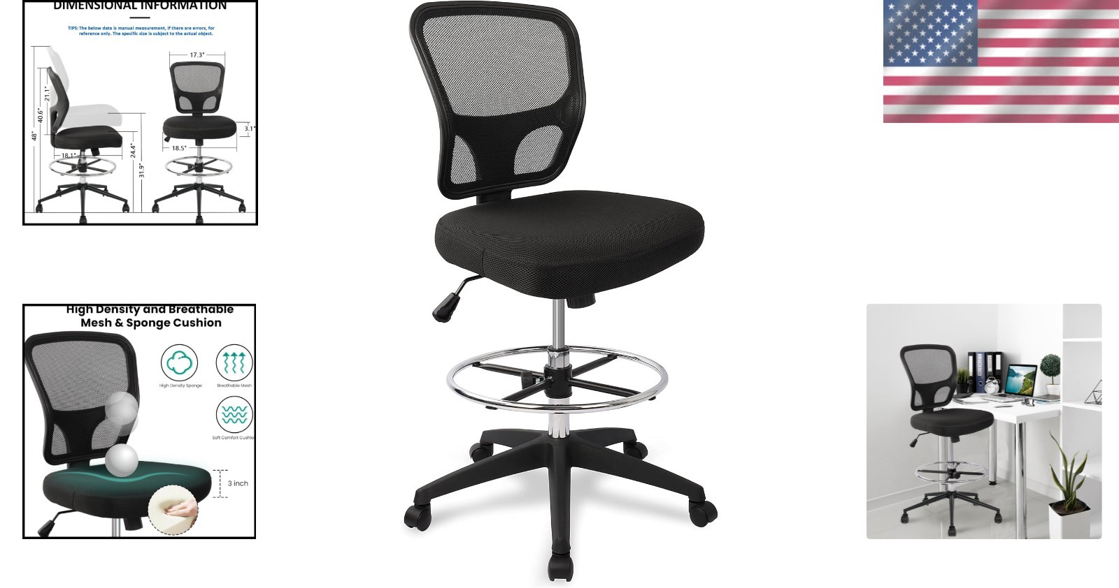Hylone Adjustable High Back Office Chair – Ergonomic Drawing Stool in Black