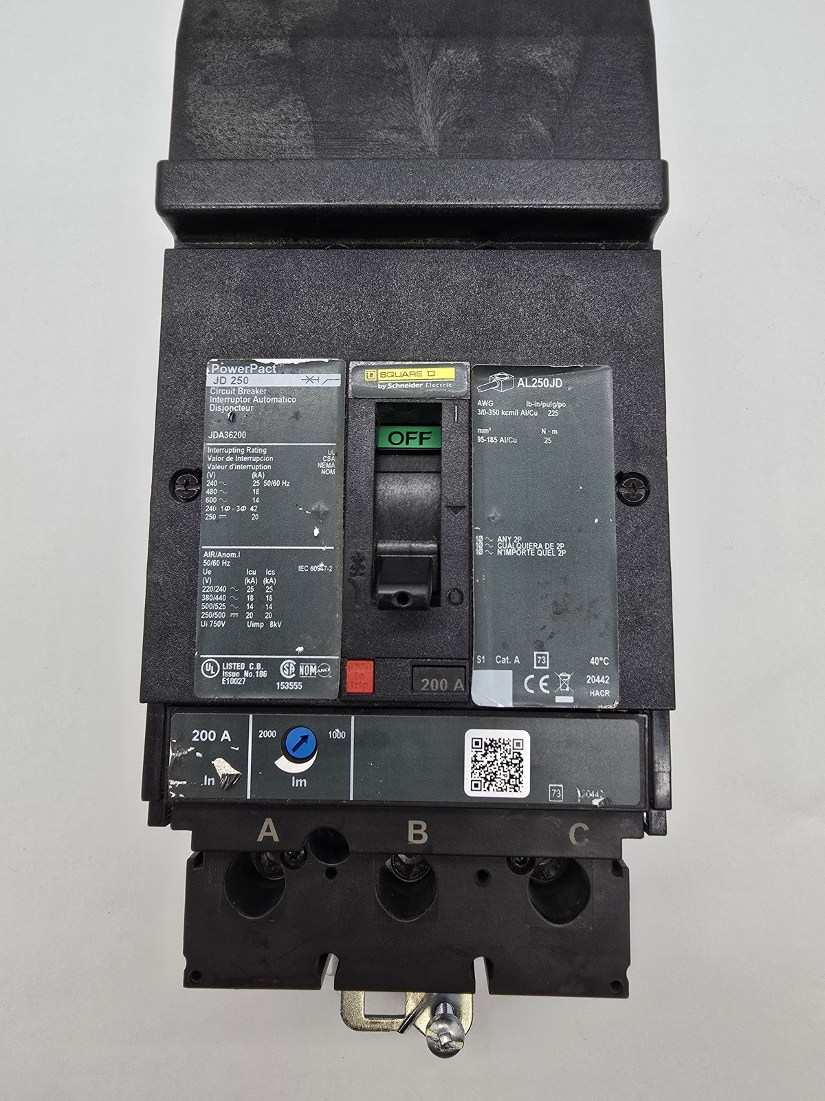 Square D JDA36175 PowerPact I-Line Circuit Breaker 175A 3P 600V 14KA 3PH JD250