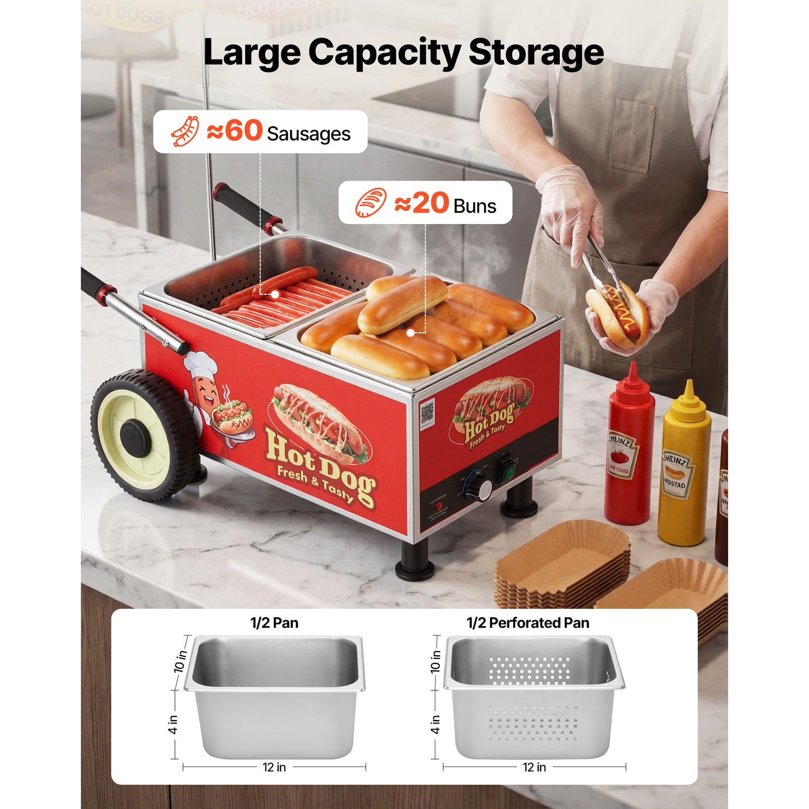 Uimoso Electric Hot Dog Steamer Cart 1200W with Adjustable Temperature 86-203°F