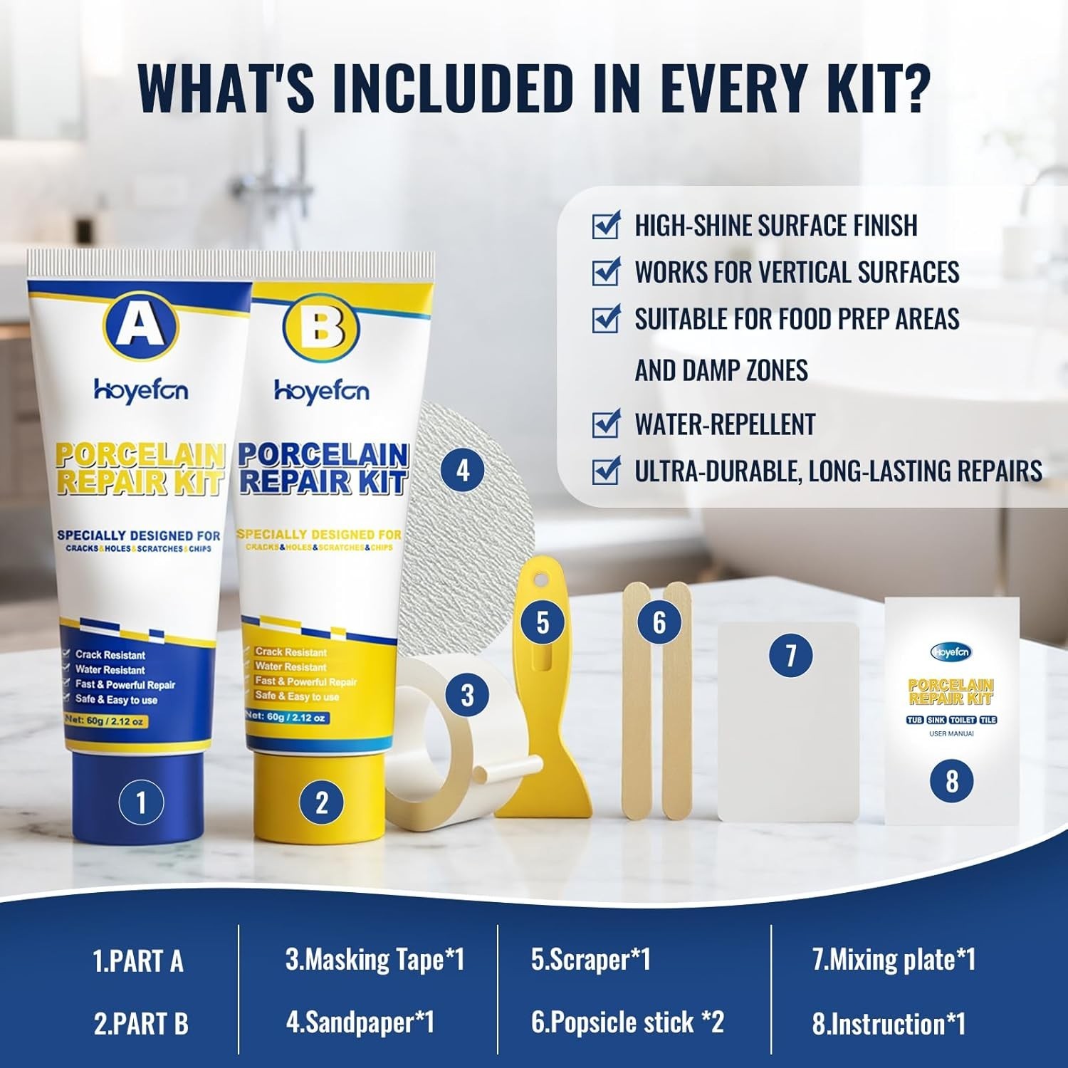 Porcelain Repair Kit White, Tub Sink Tile Crack Chip Fix Kit for Ceramic