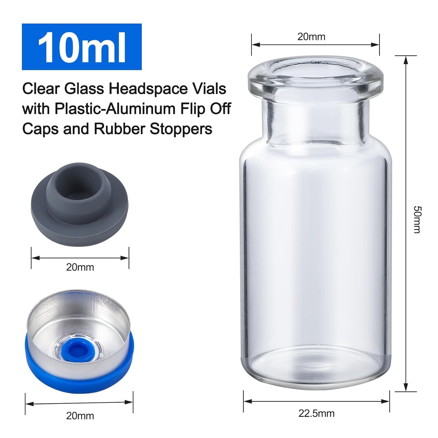 1000Pcs 10ml Vials Glass Clear w/ Plastic-Aluminum Caps and Rubber Stoppers USA
