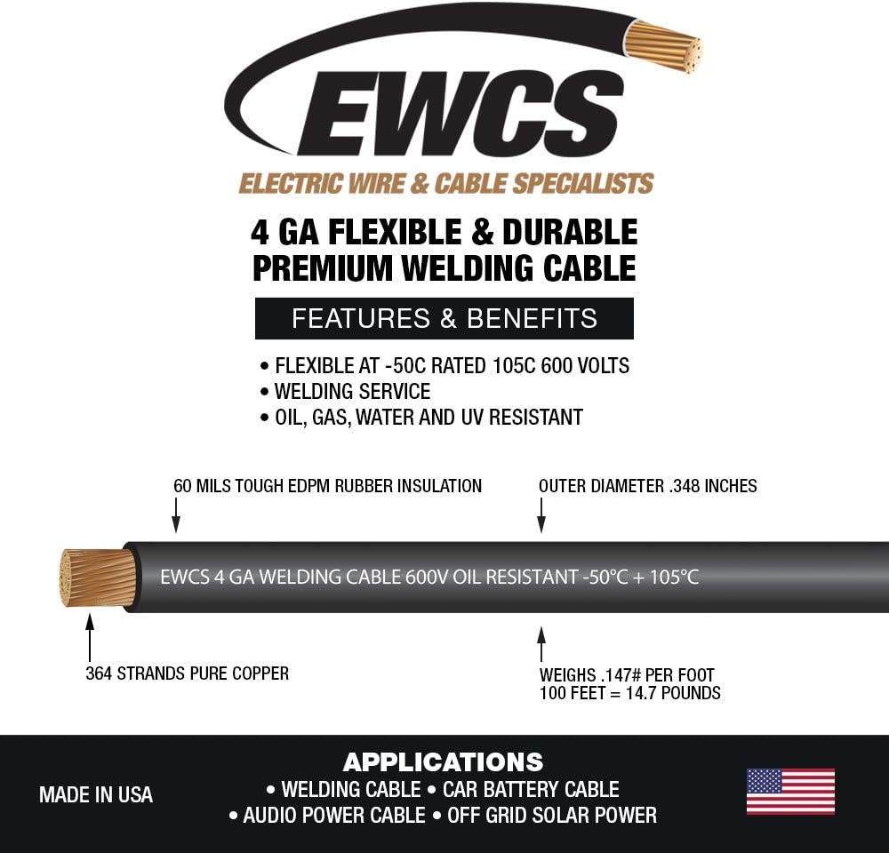 4 Gauge Premium Extra Flexible Welding Cable 600 Volt – Black – 50 Feet – Made i